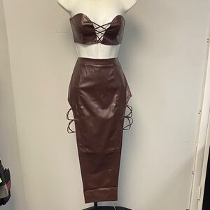 Brown Faux Leather Two Piece Skirt Set